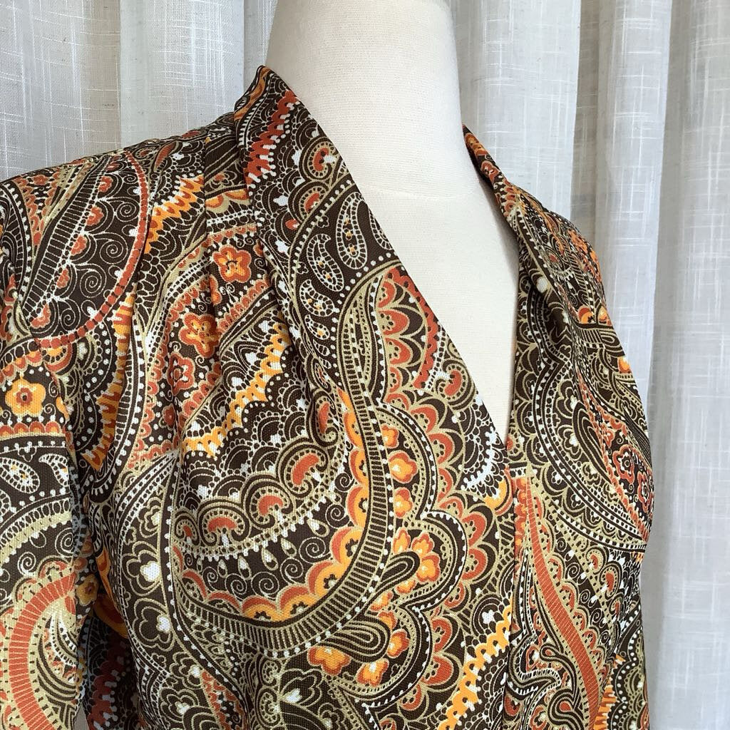 1970s Brown and Orange Psychedelic Dress with Belt