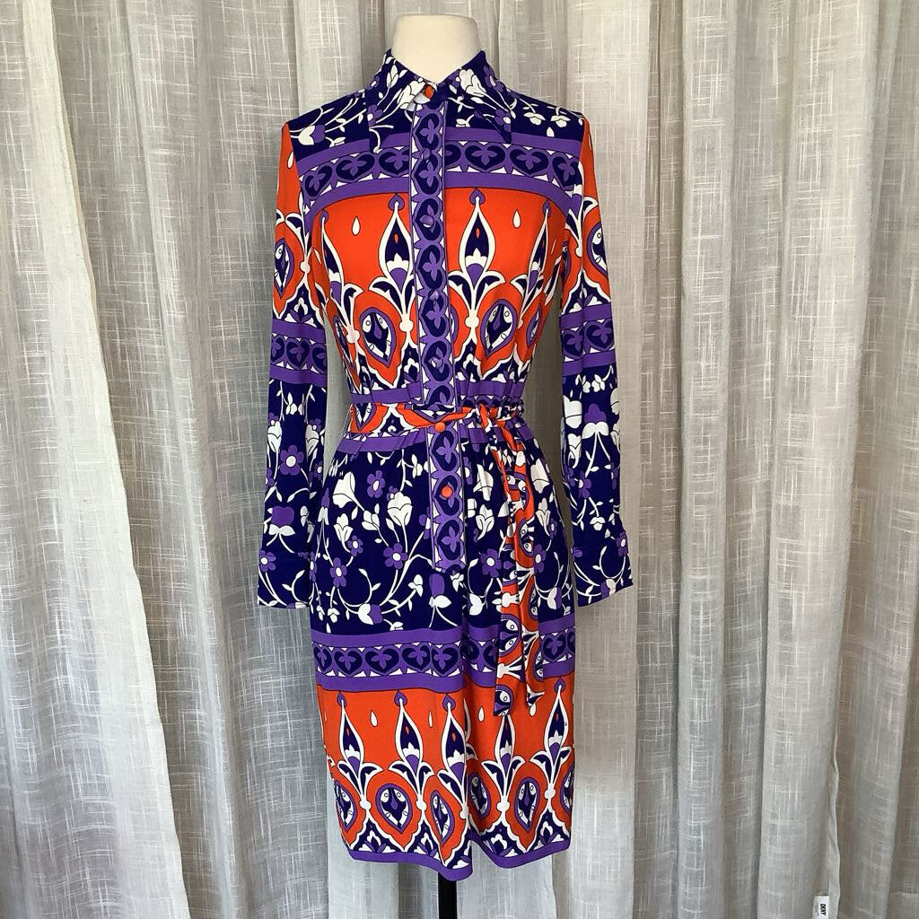 1970s Purple and Orange Floral Dress with Belt