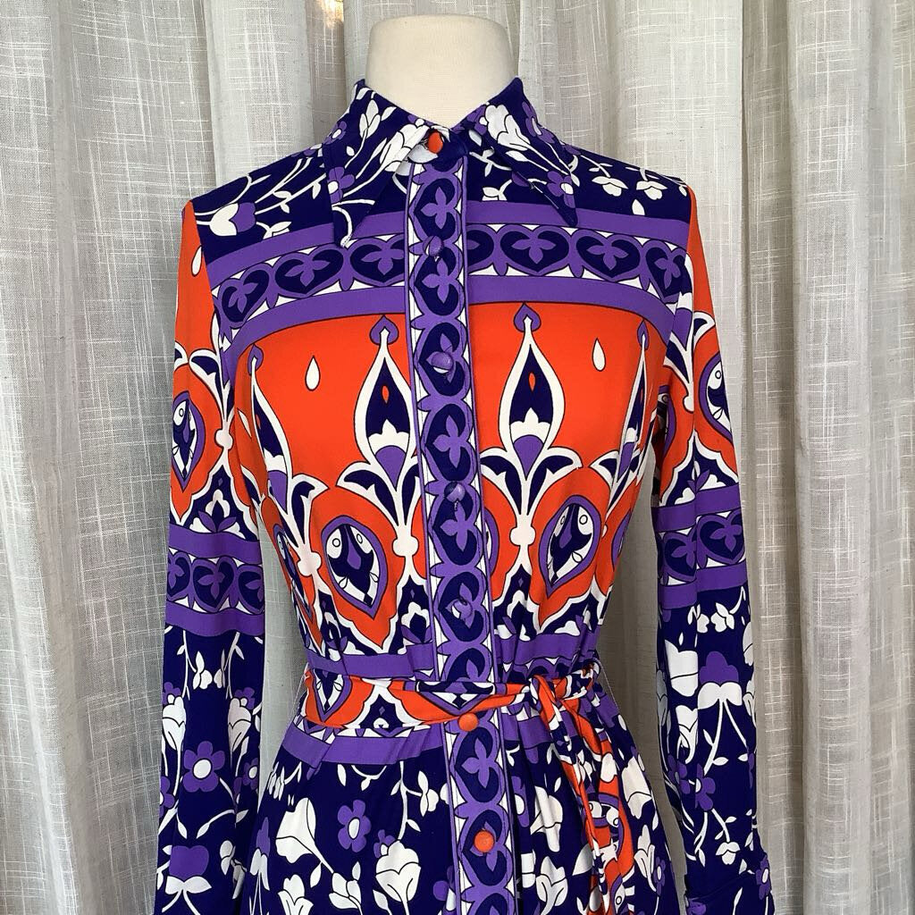 1970s Purple and Orange Floral Dress with Belt