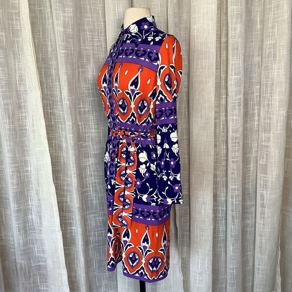 1970s Purple and Orange Floral Dress with Belt