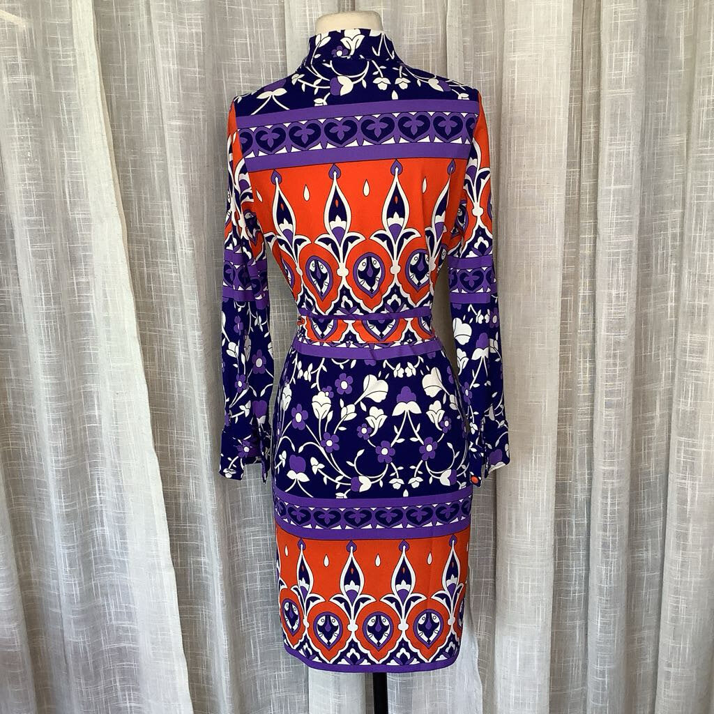 1970s Purple and Orange Floral Dress with Belt