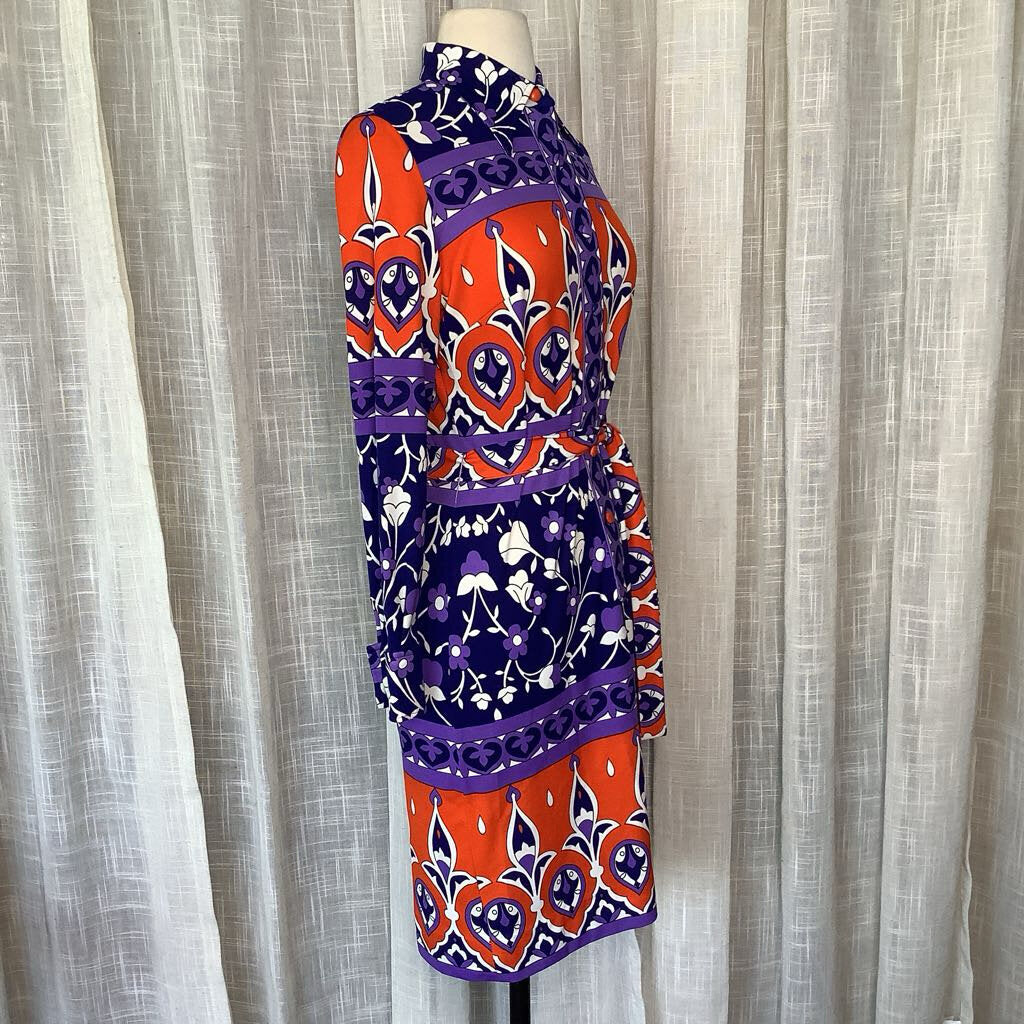 1970s Purple and Orange Floral Dress with Belt