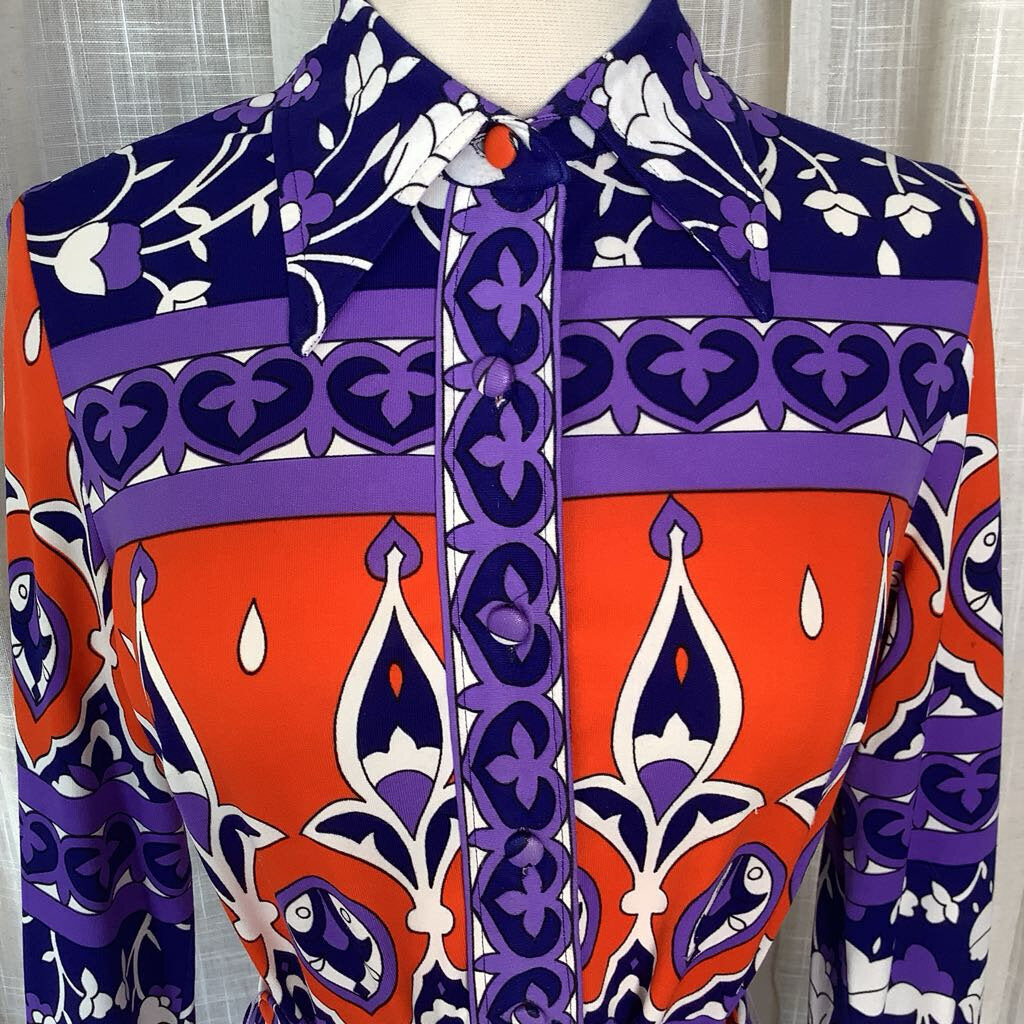 1970s Purple and Orange Floral Dress with Belt