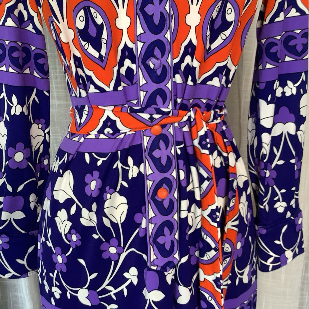 1970s Purple and Orange Floral Dress with Belt