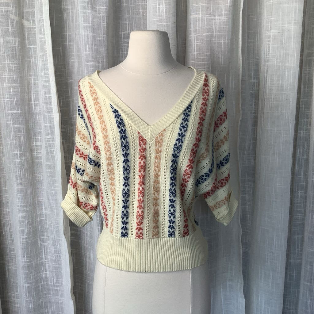 1980s V Neck Knit Pullover Sweater w/ 3/4 Sleeves