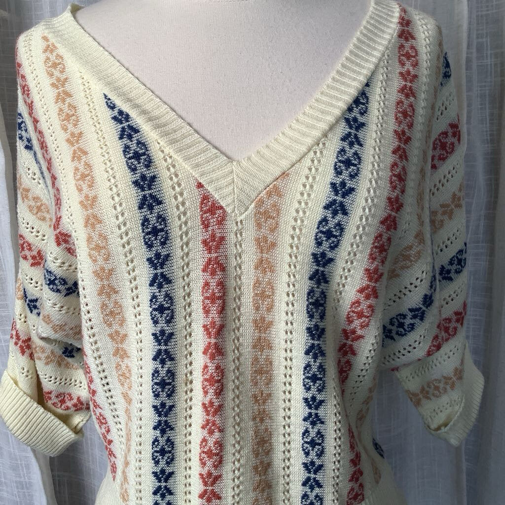 1980s V Neck Knit Pullover Sweater w/ 3/4 Sleeves