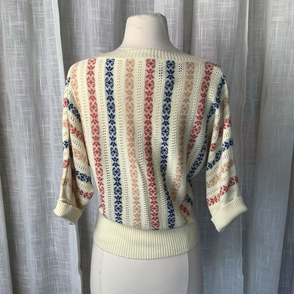 1980s V Neck Knit Pullover Sweater w/ 3/4 Sleeves