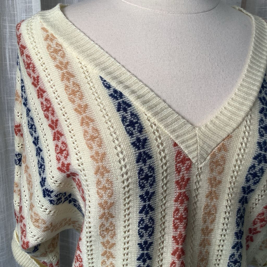 1980s V Neck Knit Pullover Sweater w/ 3/4 Sleeves