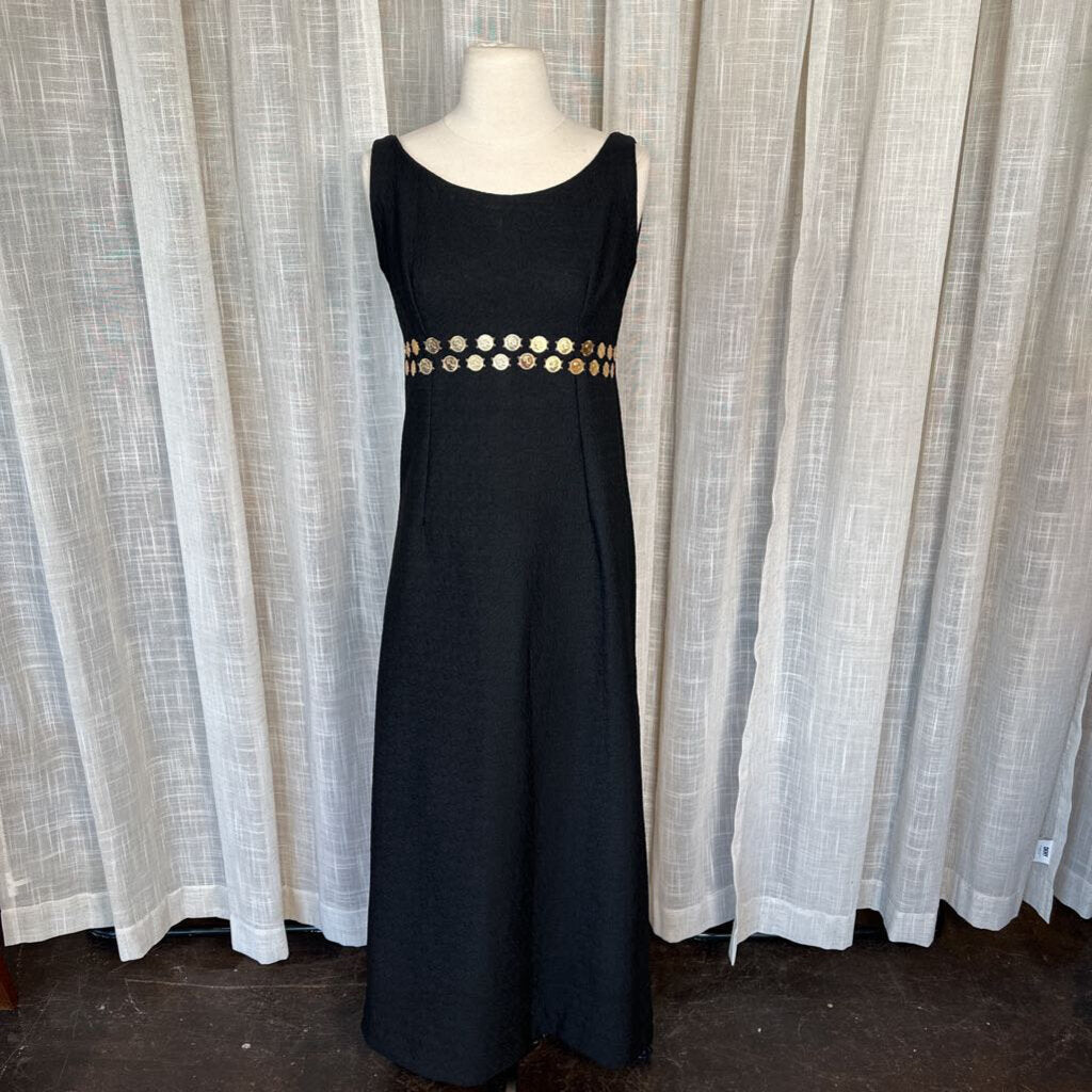 1960s Homemade Sleeveless Black Maxi w/ Gold Coins