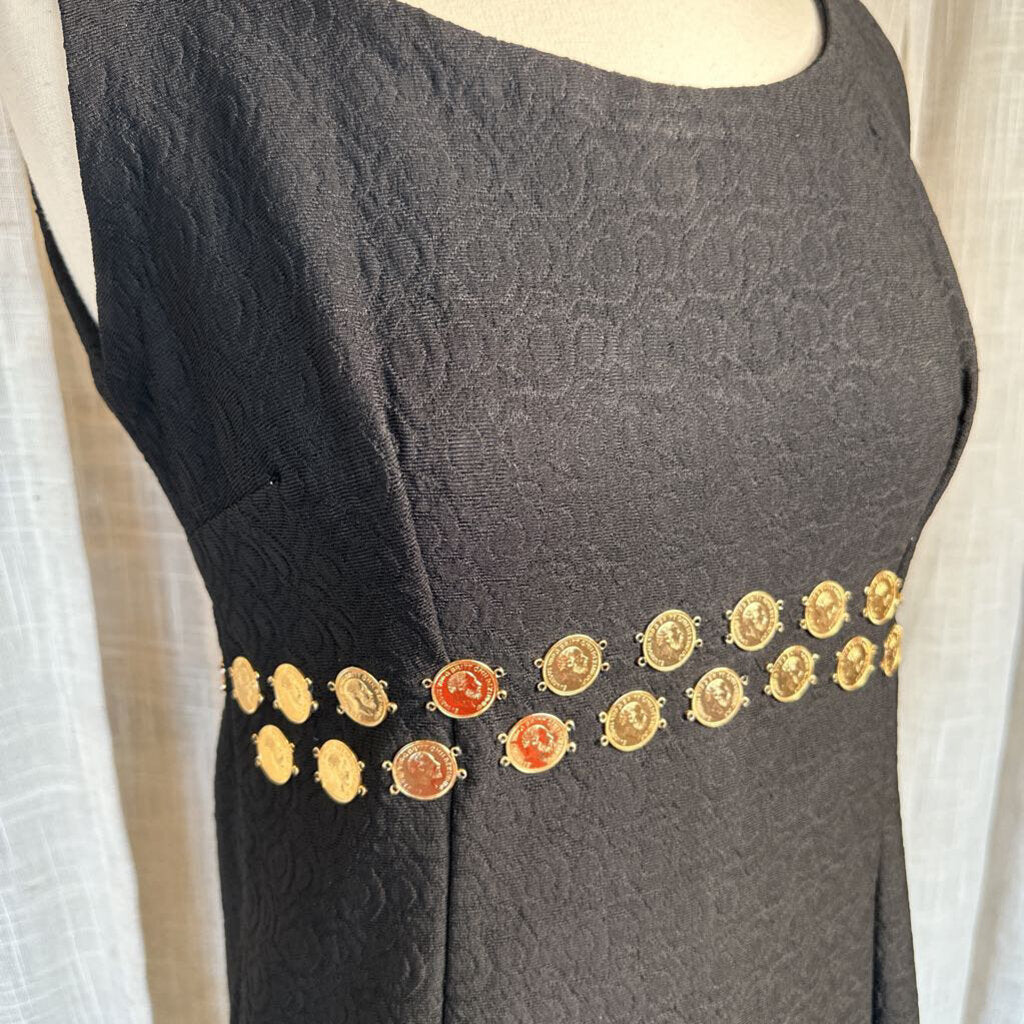 1960s Homemade Sleeveless Black Maxi w/ Gold Coins