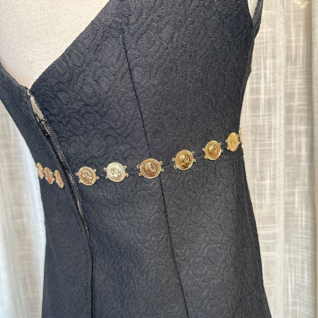 1960s Homemade Sleeveless Black Maxi w/ Gold Coins