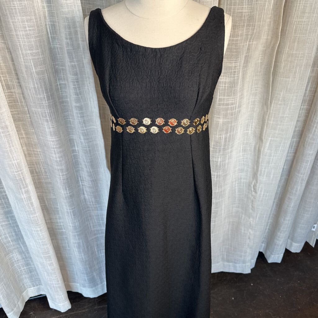 1960s Homemade Sleeveless Black Maxi w/ Gold Coins