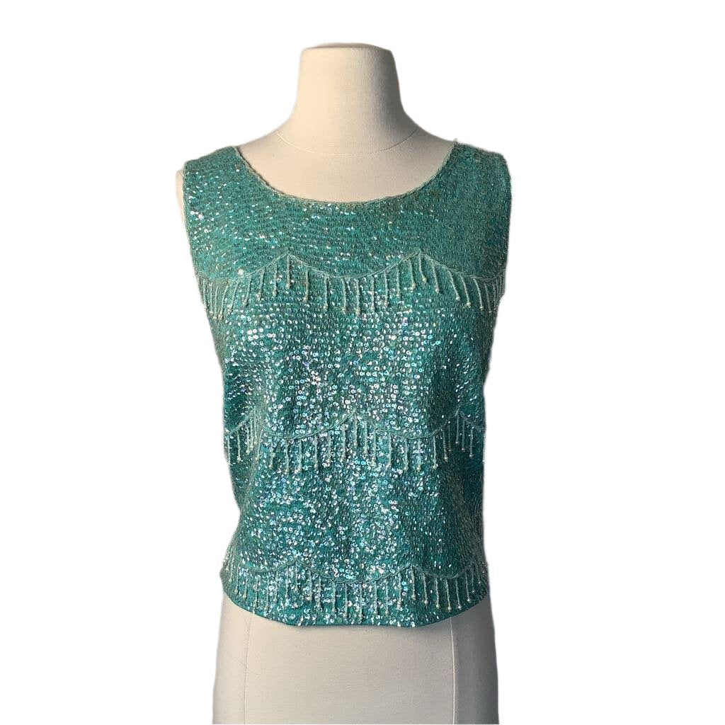 1960s popular Teal Wool Sleeveless Sweater Set With Beads Sequins Mod Made in Hong Kong