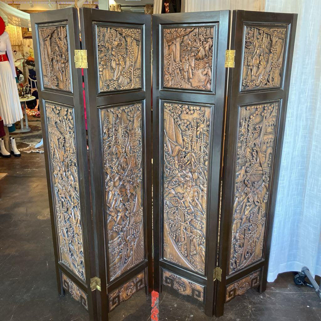 Vintage Chinese Teak & Sandalwood 4 Panel Carved Screen on Both Sides