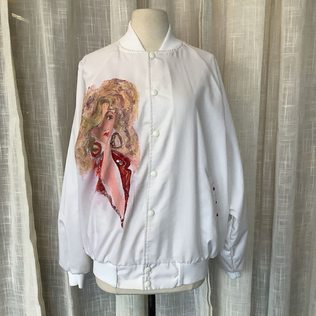 Hand Painted 90's Bejeweled White Button Up Jacket