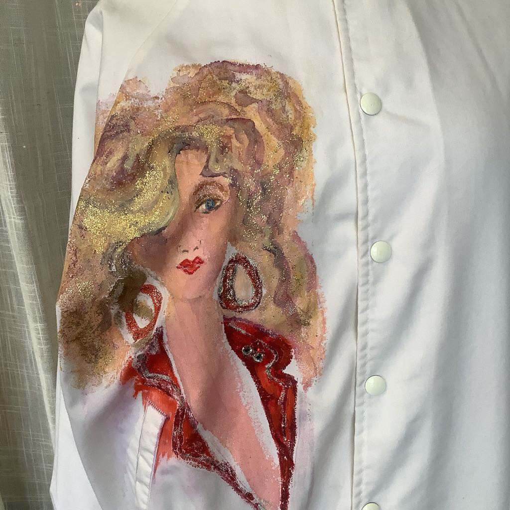 Hand Painted 90's Bejeweled White Button Up Jacket