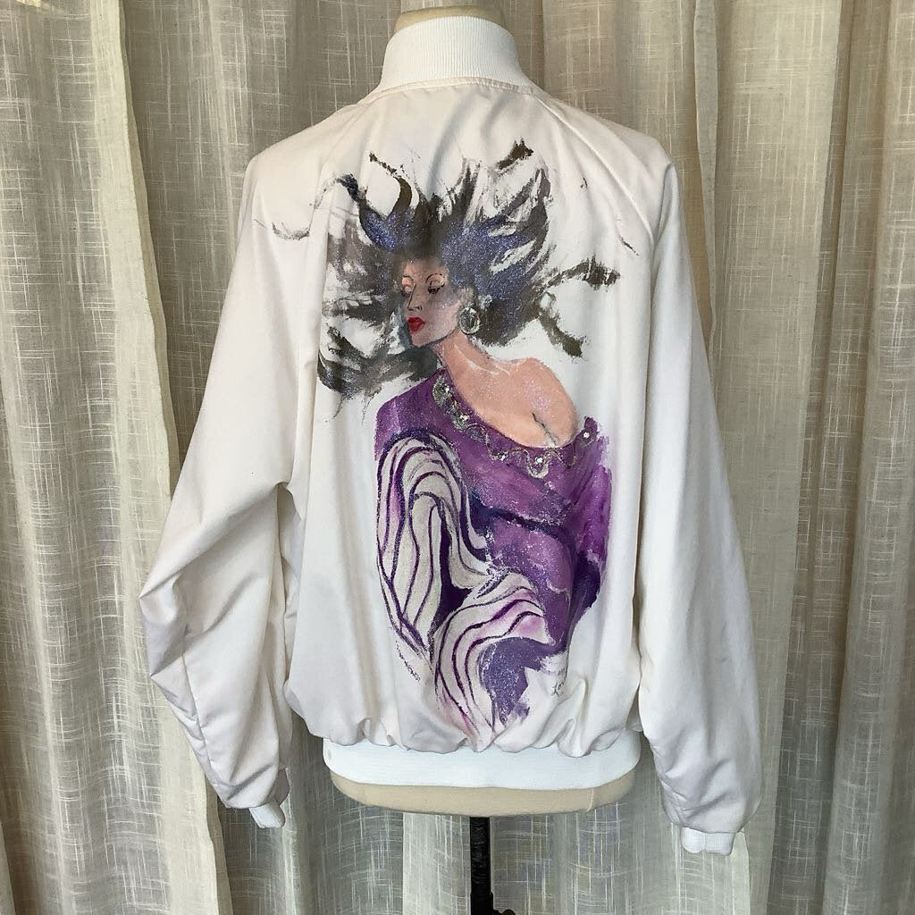 Hand Painted 90's Bejeweled White Button Up Jacket