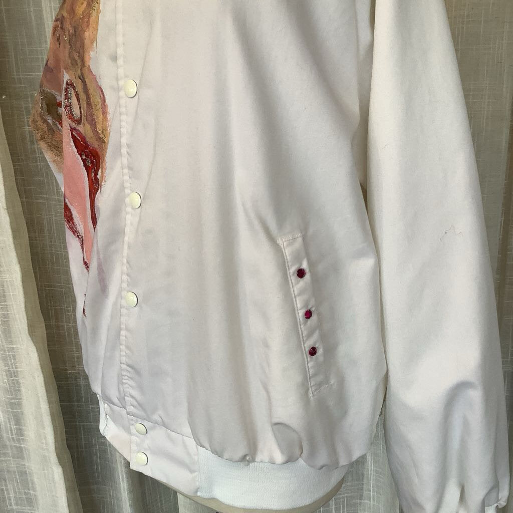 Hand Painted 90's Bejeweled White Button Up Jacket