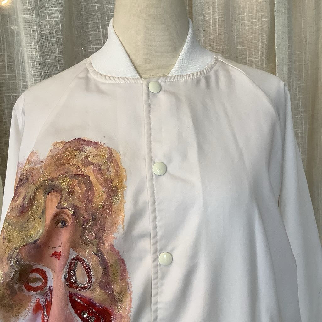 Hand Painted 90's Bejeweled White Button Up Jacket