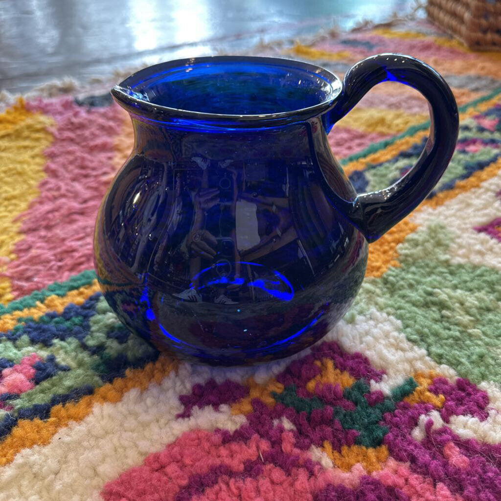 Vintage Cobalt Blue Hand Blown Glass Pitcher