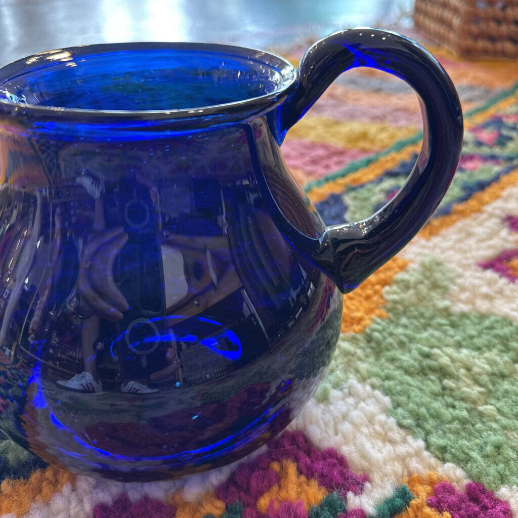 Vintage Cobalt Blue Hand Blown Glass Pitcher