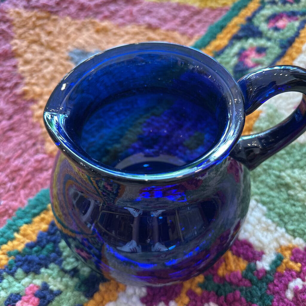 Vintage Cobalt Blue Hand Blown Glass Pitcher