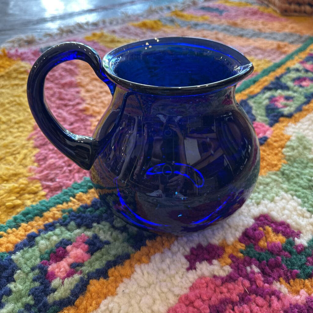 Vintage Cobalt Blue Hand Blown Glass Pitcher