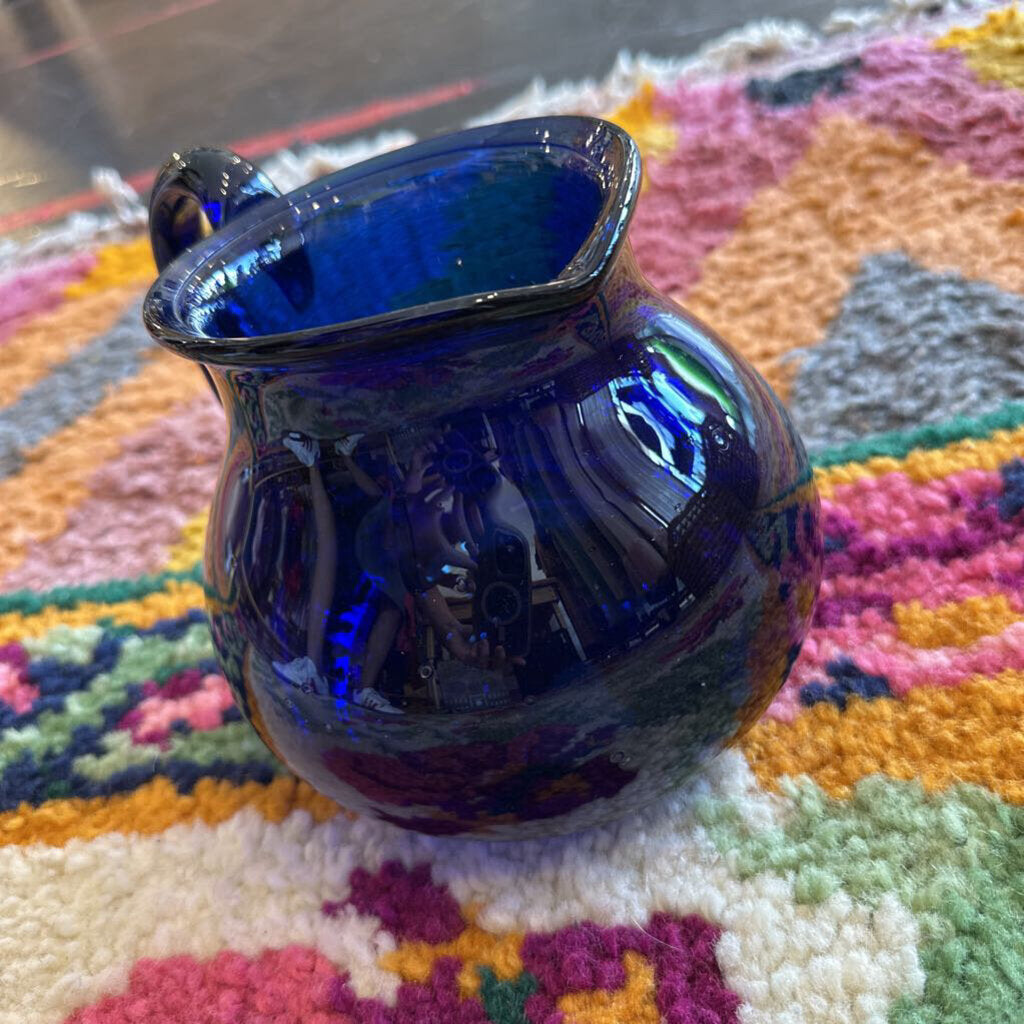 Vintage Cobalt Blue Hand Blown Glass Pitcher