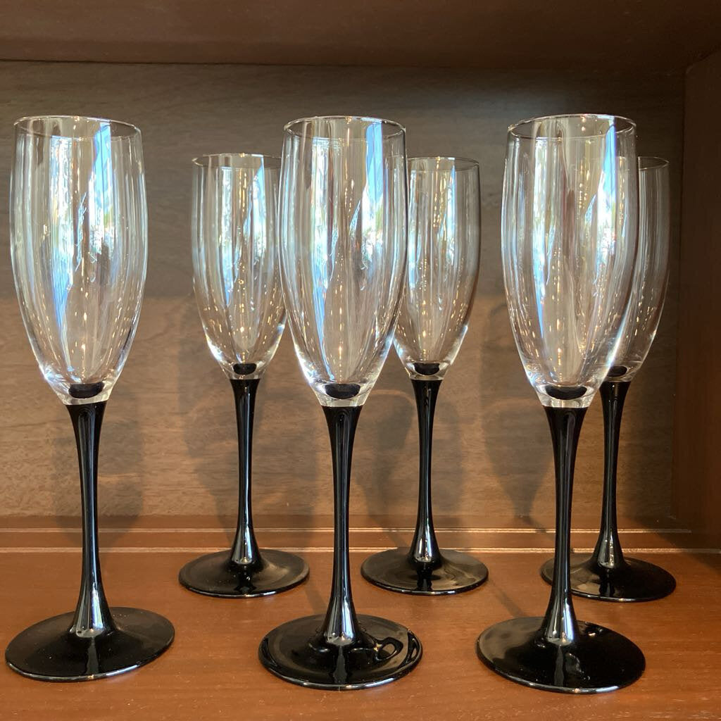 Vintage Luminarc France Set of 6 Black Stem Champagne Glasses