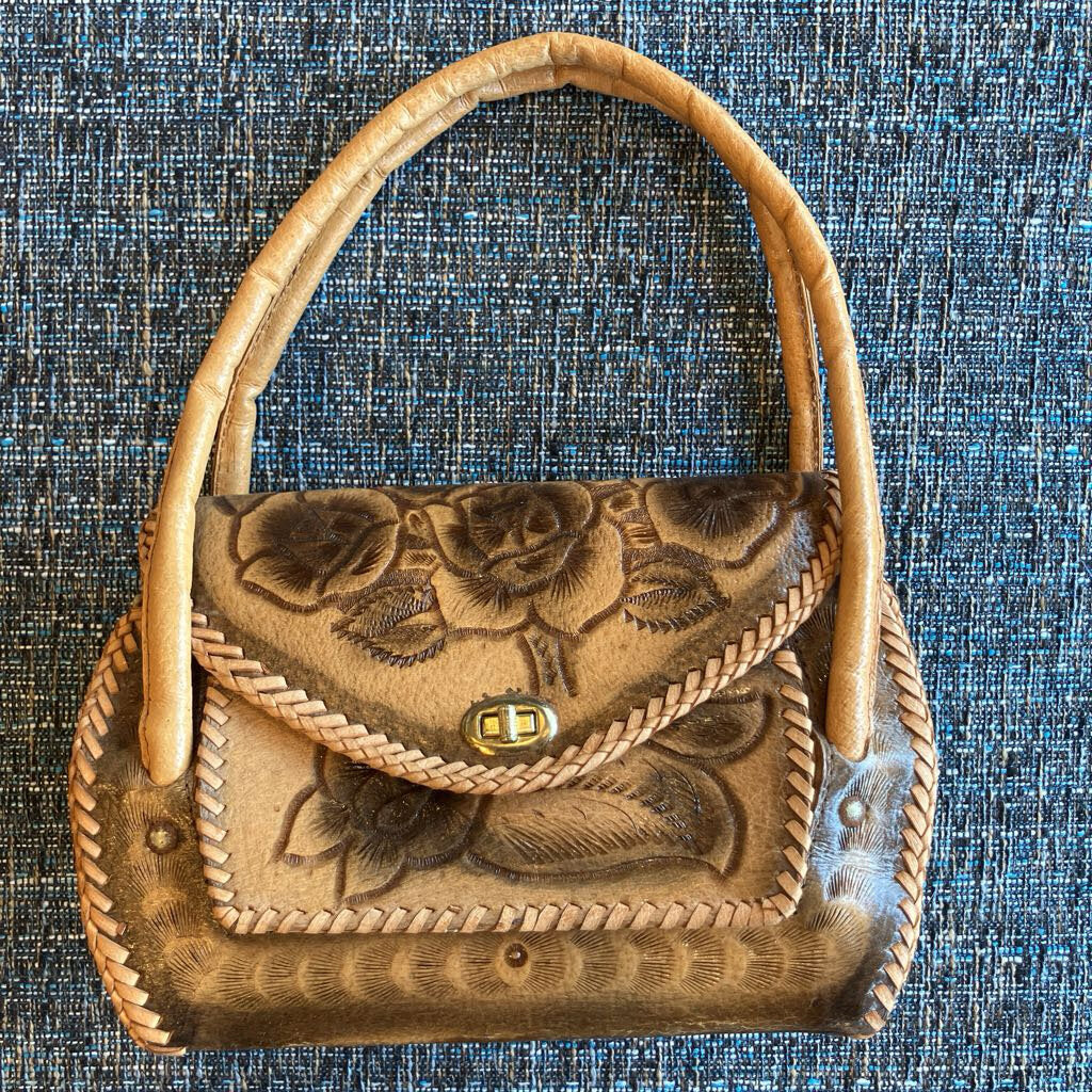 Vintage Hand Tooled Floral Motif Leather Handbag