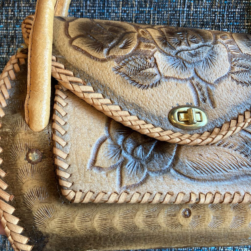 Vintage Hand Tooled Floral Motif Leather Handbag