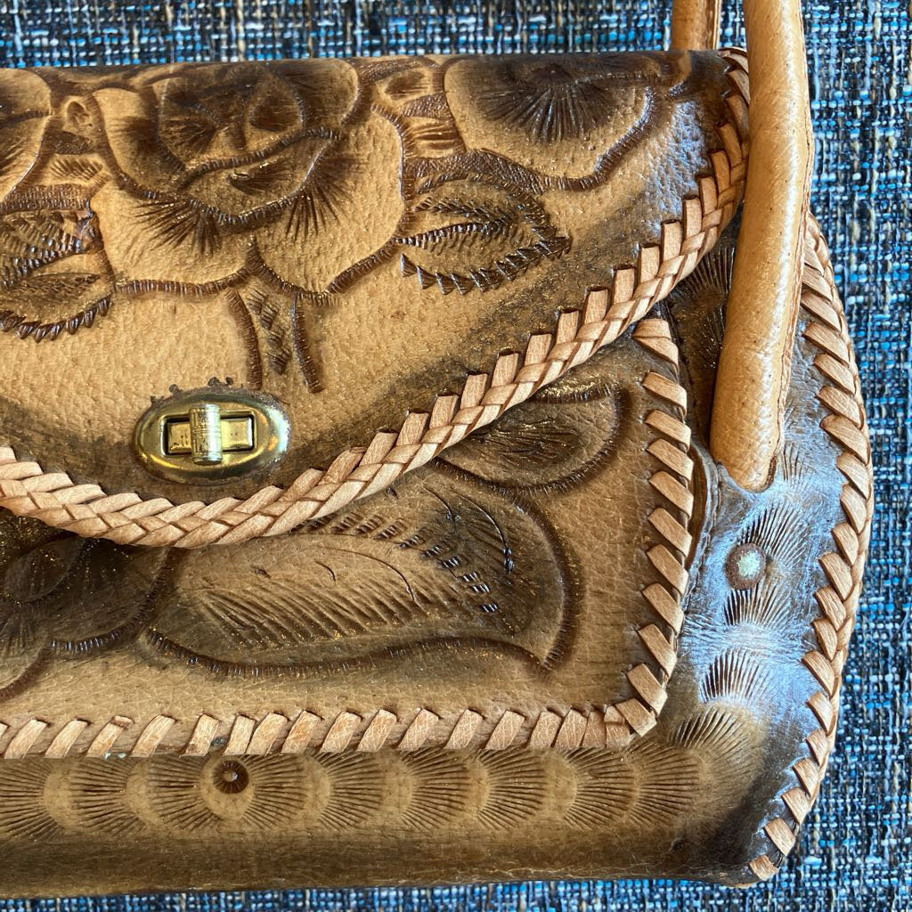 Vintage Hand Tooled Floral Motif Leather Handbag