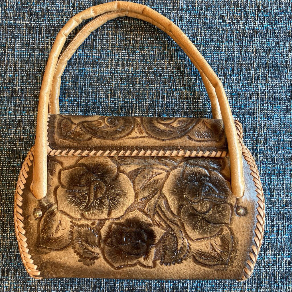 Vintage Hand Tooled Floral Motif Leather Handbag