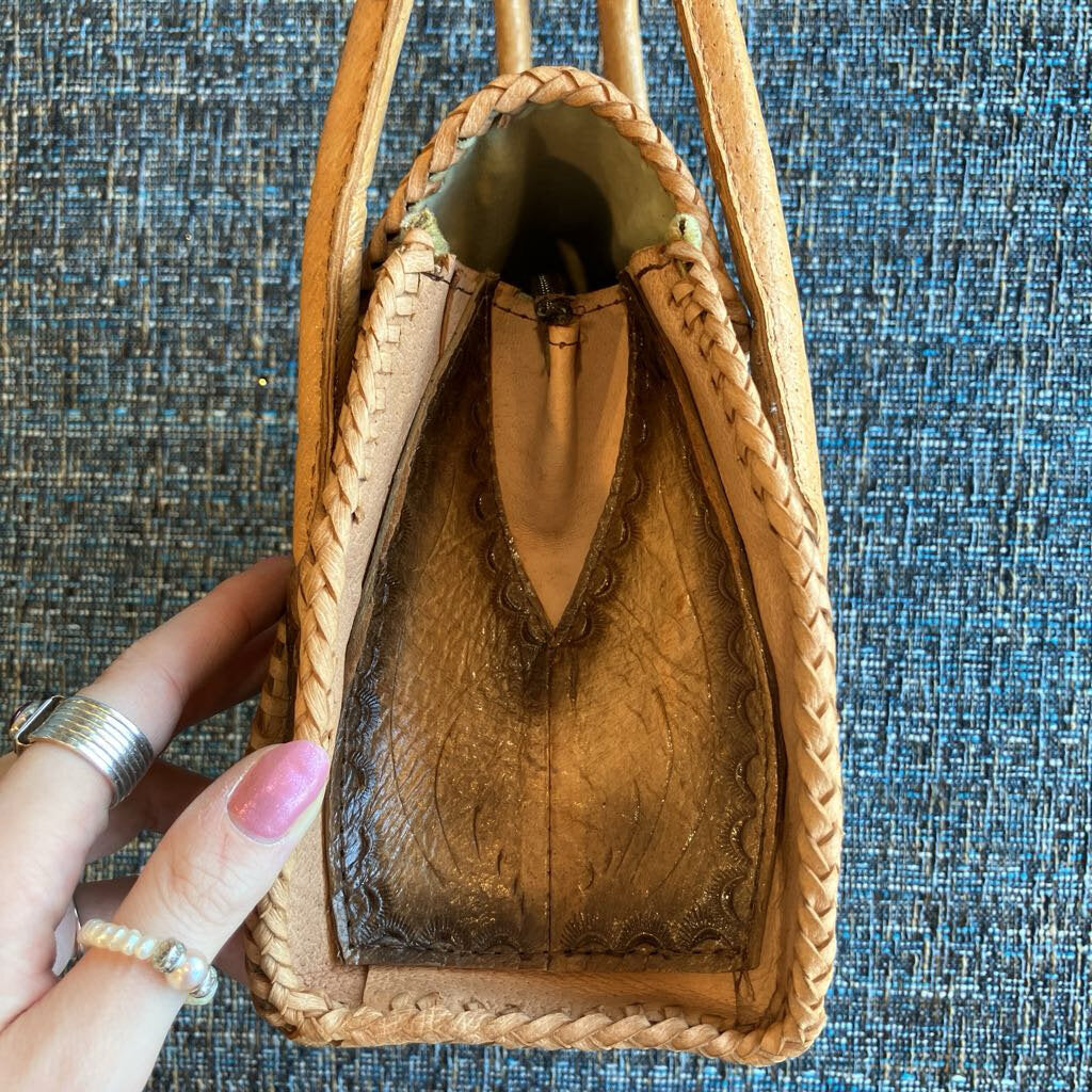 Vintage Hand Tooled Floral Motif Leather Handbag