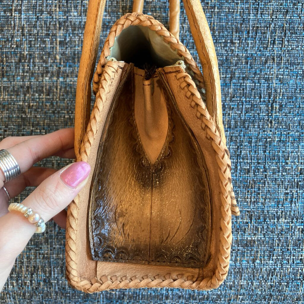 Vintage Hand Tooled Floral Motif Leather Handbag