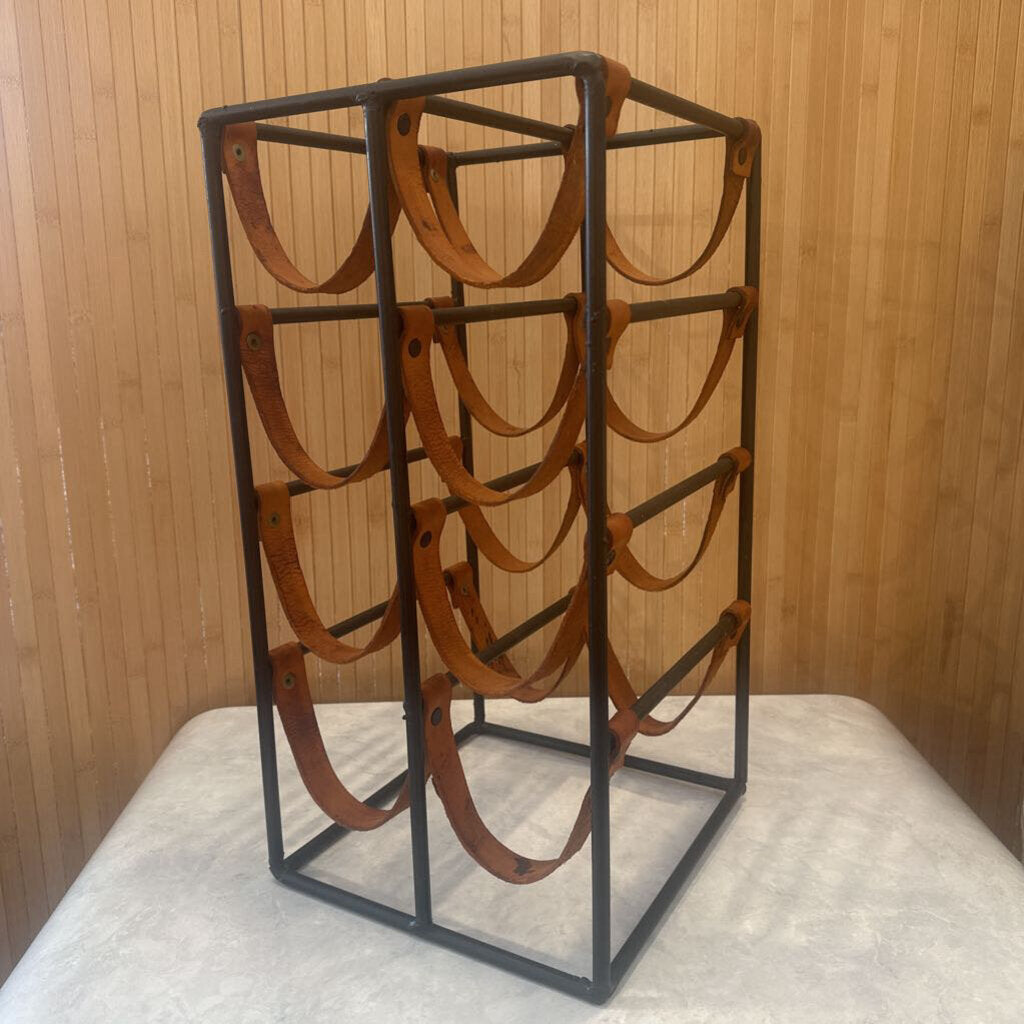 1950s Arthur Umanoff Iron and Leather High Bottle Wine Rack - MidModMom