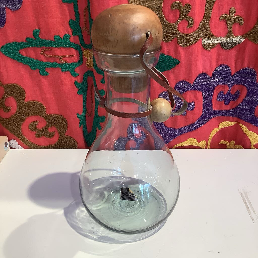 Vintage Glass Decanter with Wooden and Leather Stopper