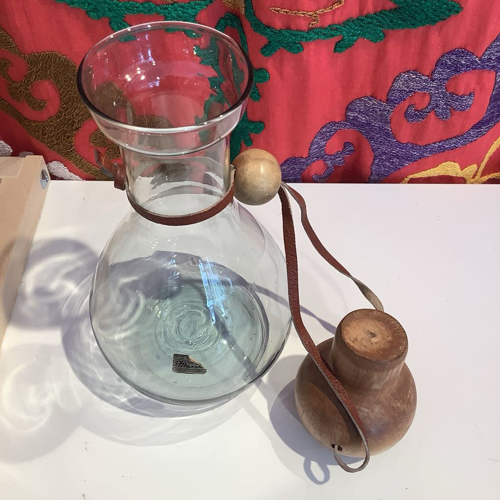 Vintage Glass Decanter with Wooden and Leather Stopper