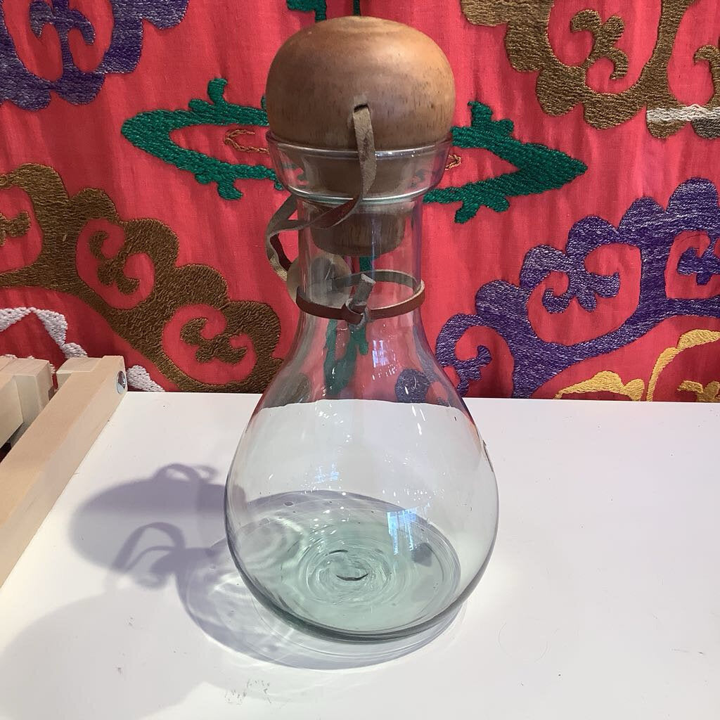 Vintage Glass Decanter with Wooden and Leather Stopper