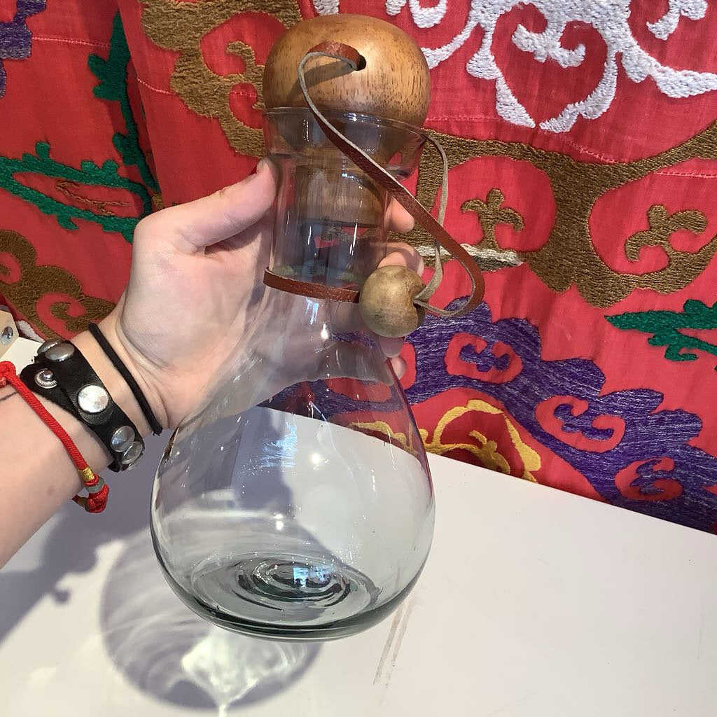 Vintage Glass Decanter with Wooden and Leather Stopper