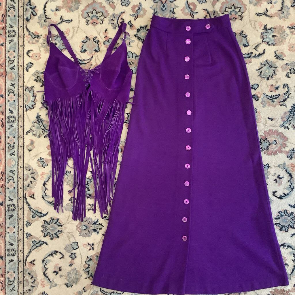 1970s Purple Suede Leather Fringe Top w/ Knit Maxi Skirt