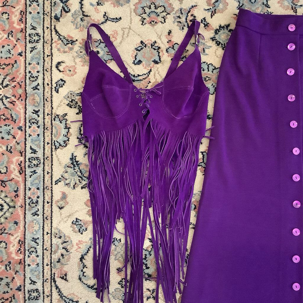 1970s Purple Suede Leather Fringe Top w/ Knit Maxi Skirt