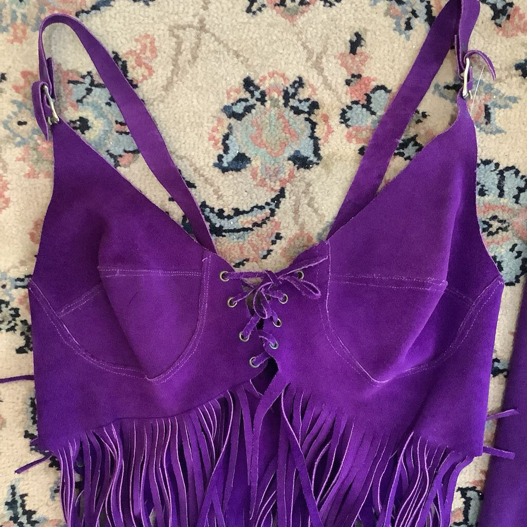 1970s Purple Suede Leather Fringe Top w/ Knit Maxi Skirt