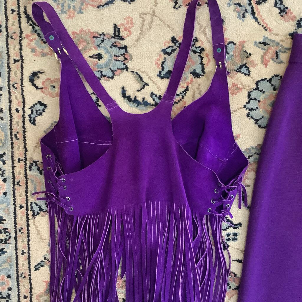 1970s Purple Suede Leather Fringe Top w/ Knit Maxi Skirt