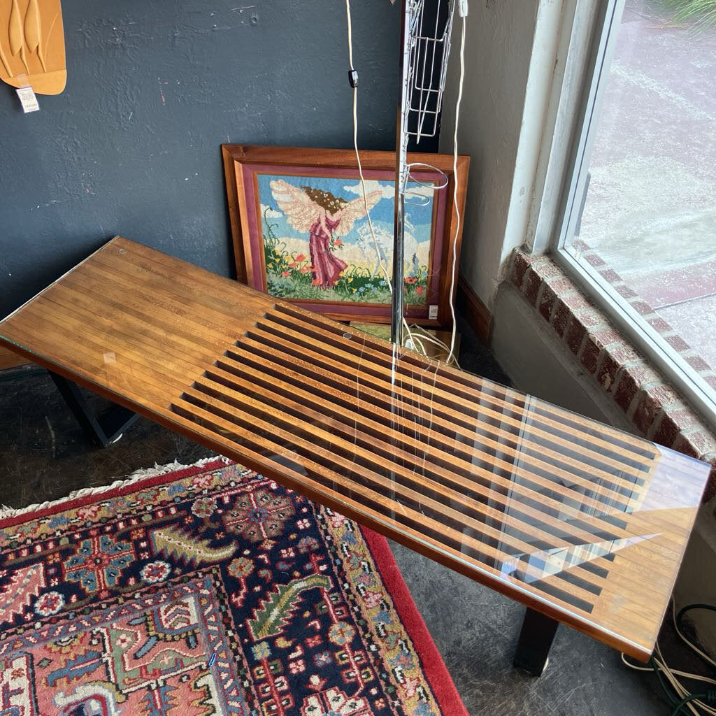 Mid Century Glass Top Slat Bench Coffee Table