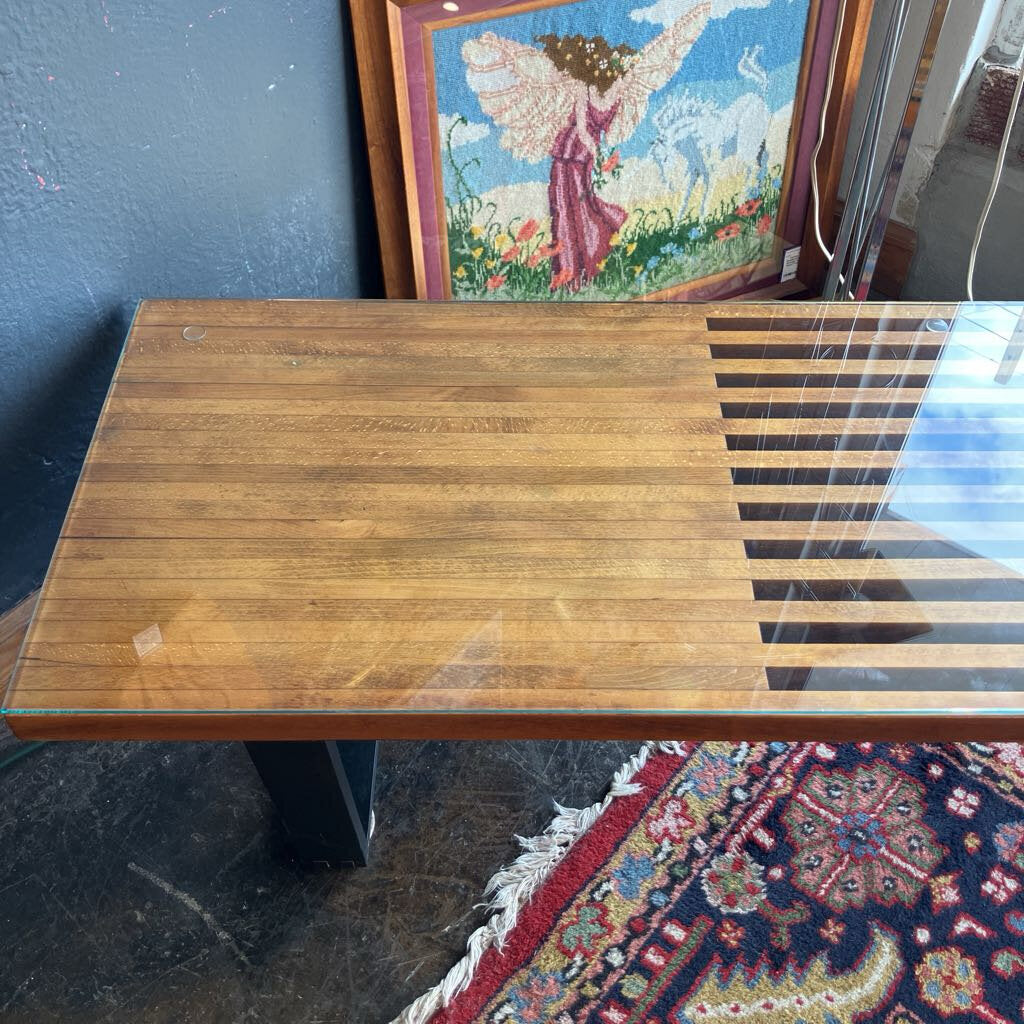 Mid Century Glass Top Slat Bench Coffee Table