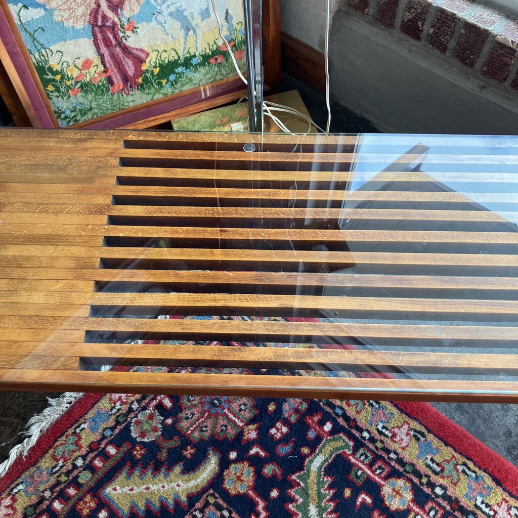 Mid Century Glass Top Slat Bench Coffee Table