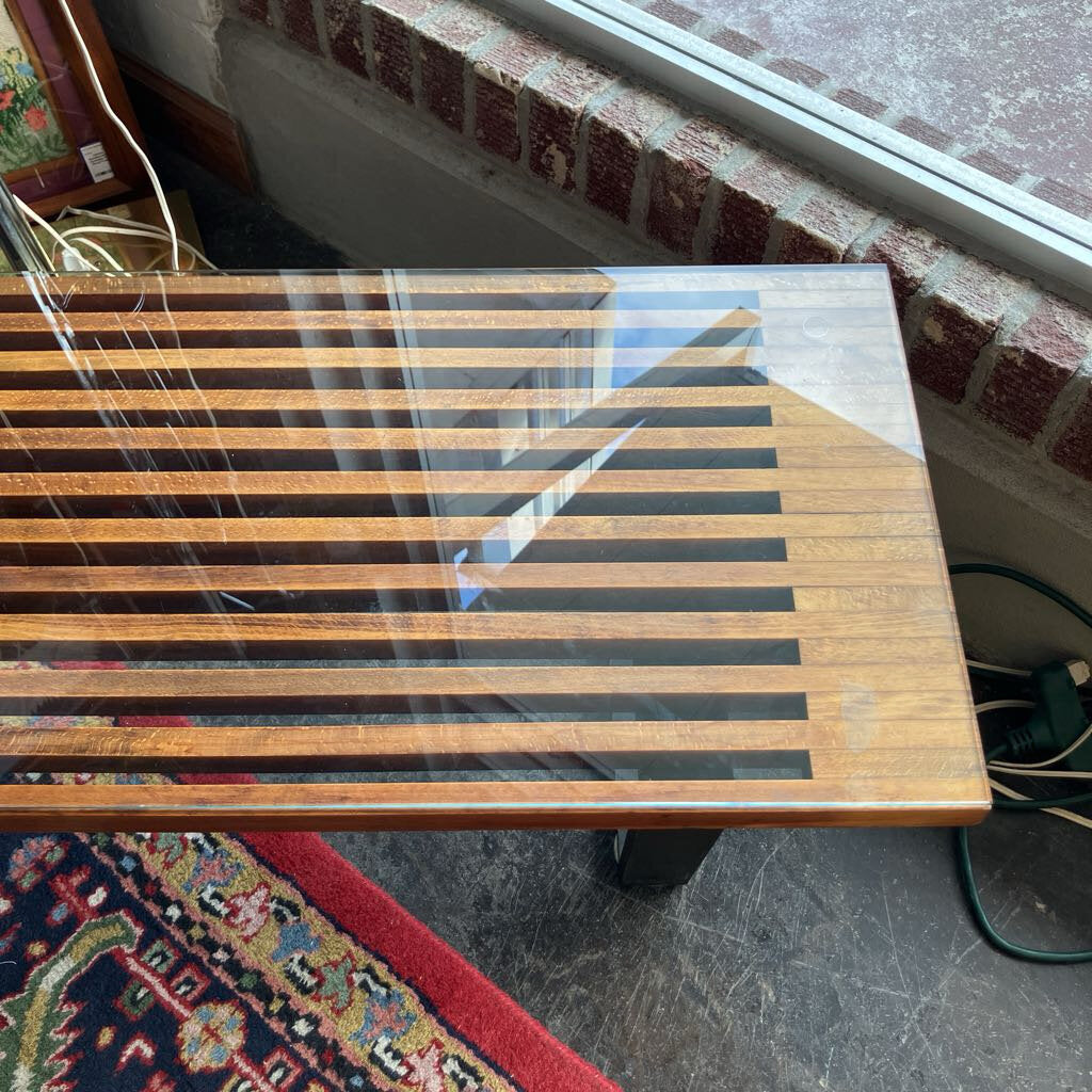 Mid Century Glass Top Slat Bench Coffee Table