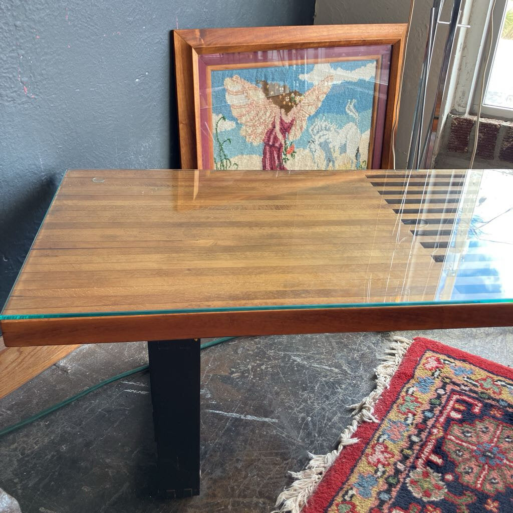 Mid Century Glass Top Slat Bench Coffee Table