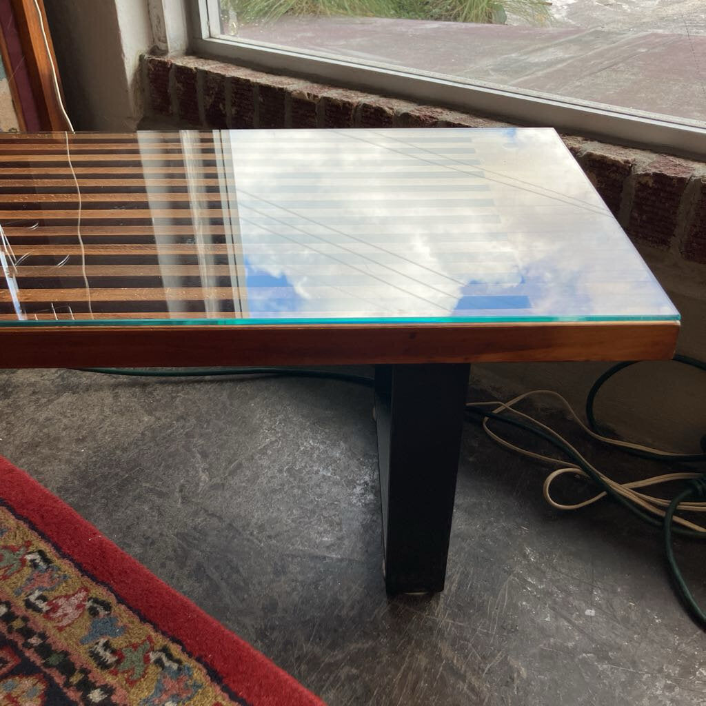 Mid Century Glass Top Slat Bench Coffee Table